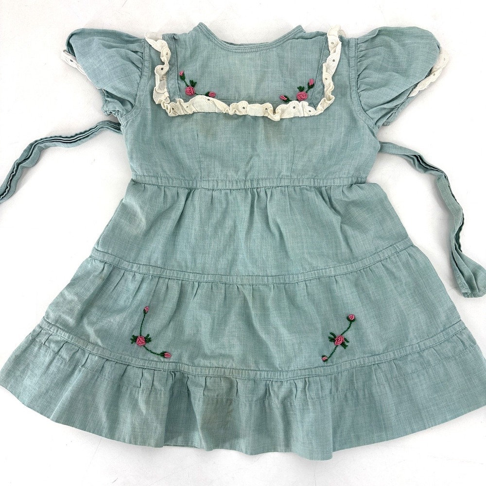 Vintage Handmade‎ Baby Dress Embroidered Roses Lace Trim 1950s–60s size 9-12M